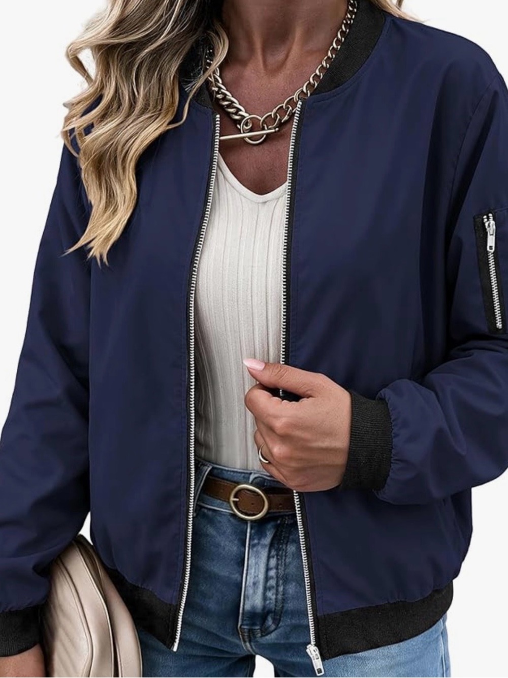 Navy Bomber Jacket for Women - Classic Lightweight Zip-Up XL
